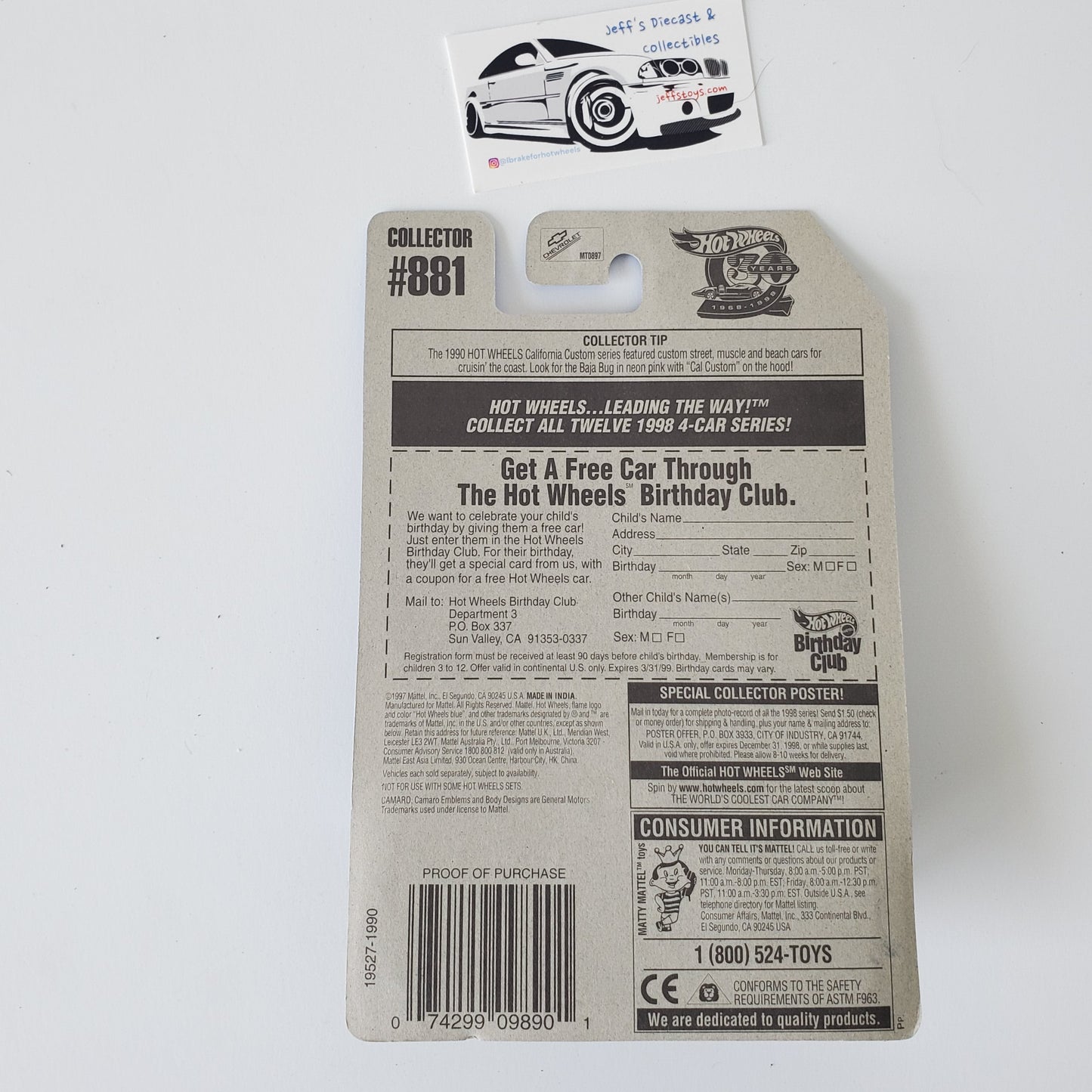 1998 Hot Wheels '95 Camaro #881 **Damaged Bubble Jeff's Diecast & Collectibles