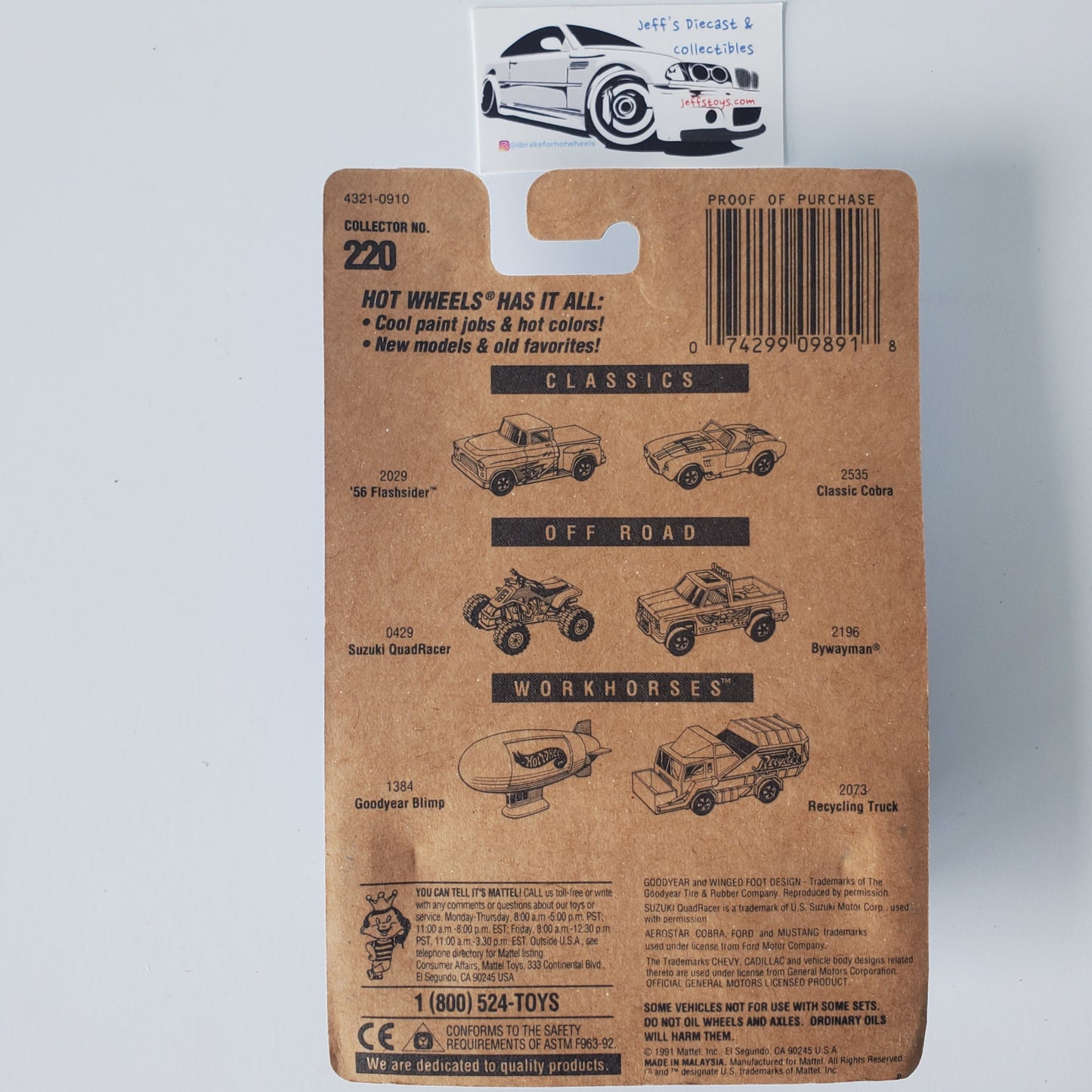 1991 Hot Wheels Bywayman #220 ctt Wheels/Blue Card Jeff's Diecast & Collectibles