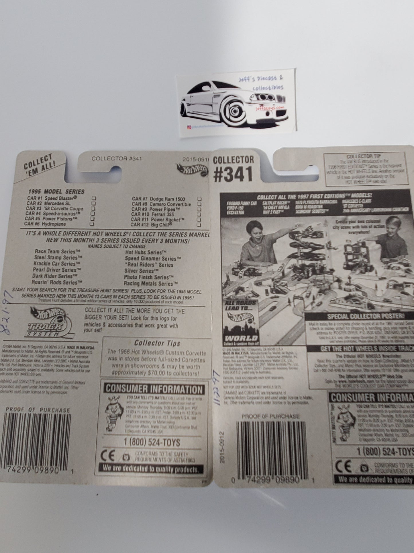 1997 Hot Wheels '58 Corvette #341 - Lot of 2 Card Variations Jeff's Diecast & Collectibles