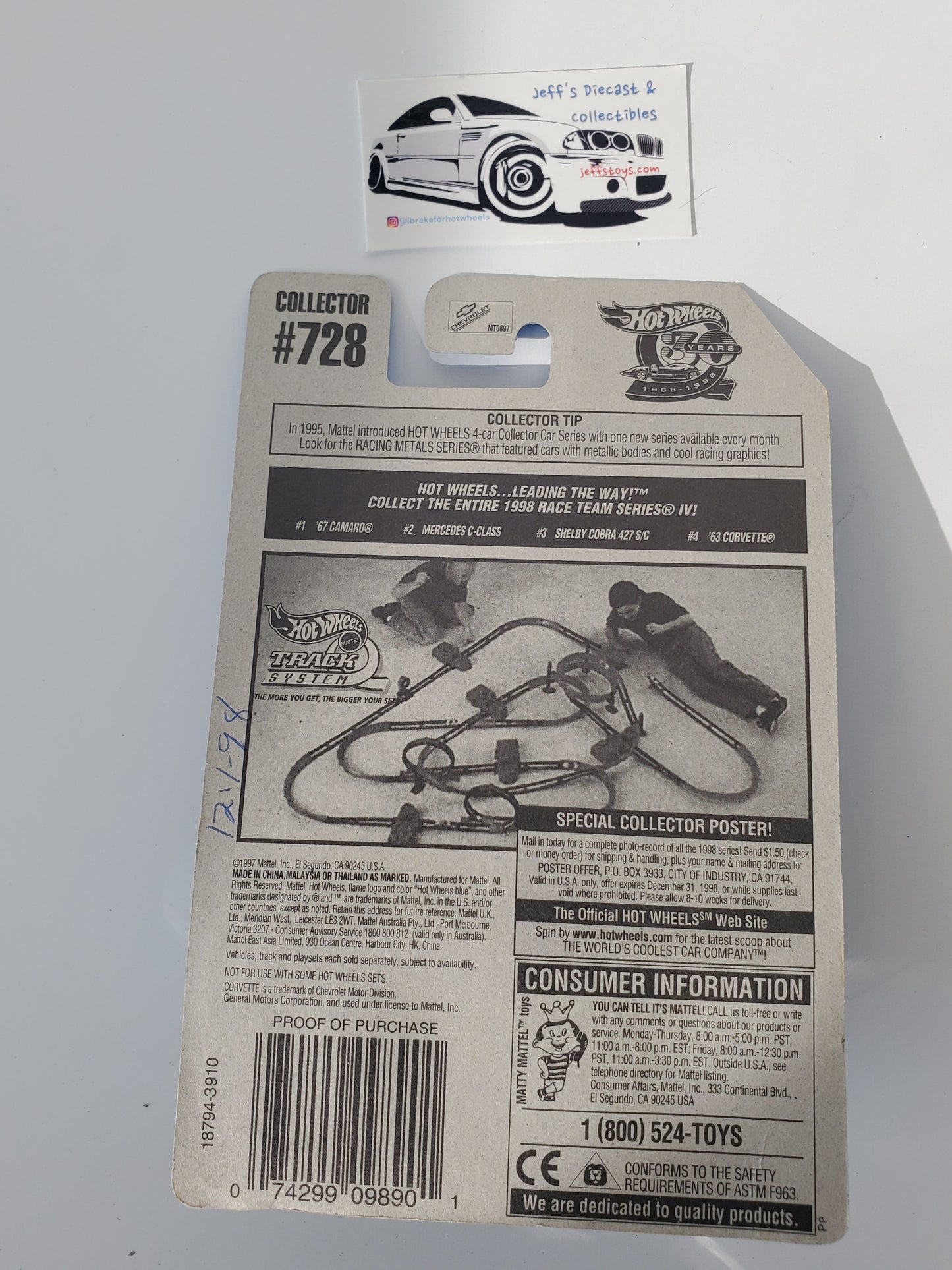 1998 Hot Wheels '63 Corvette #728 Race Team Jeff's Diecast & Collectibles