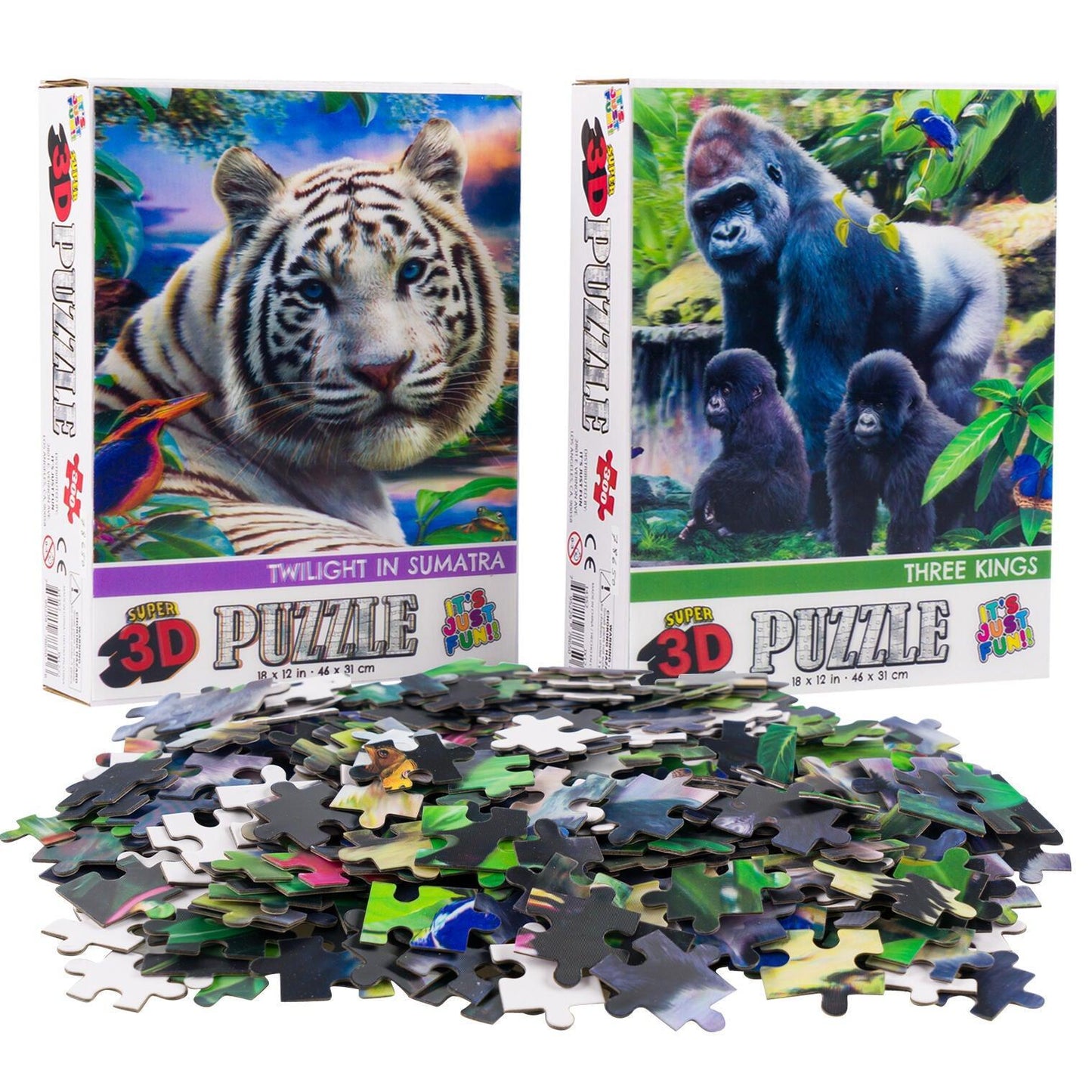 White Tiger & Gorillas Set of 2 300 Piece Lenticular Jigsaw Puzzles Prime 3D