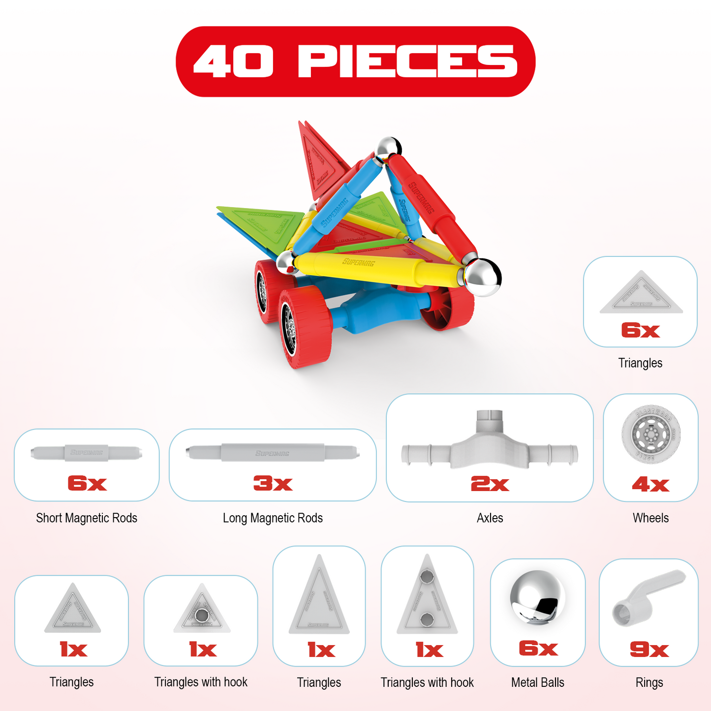 Tinamiri Supermag - Wheels 40 - Magnetic Building Set, Educational construction fun, 40 piece set, Magnet Toys, 0660 Bridge Toys - Premium Jigsaw Puzzles