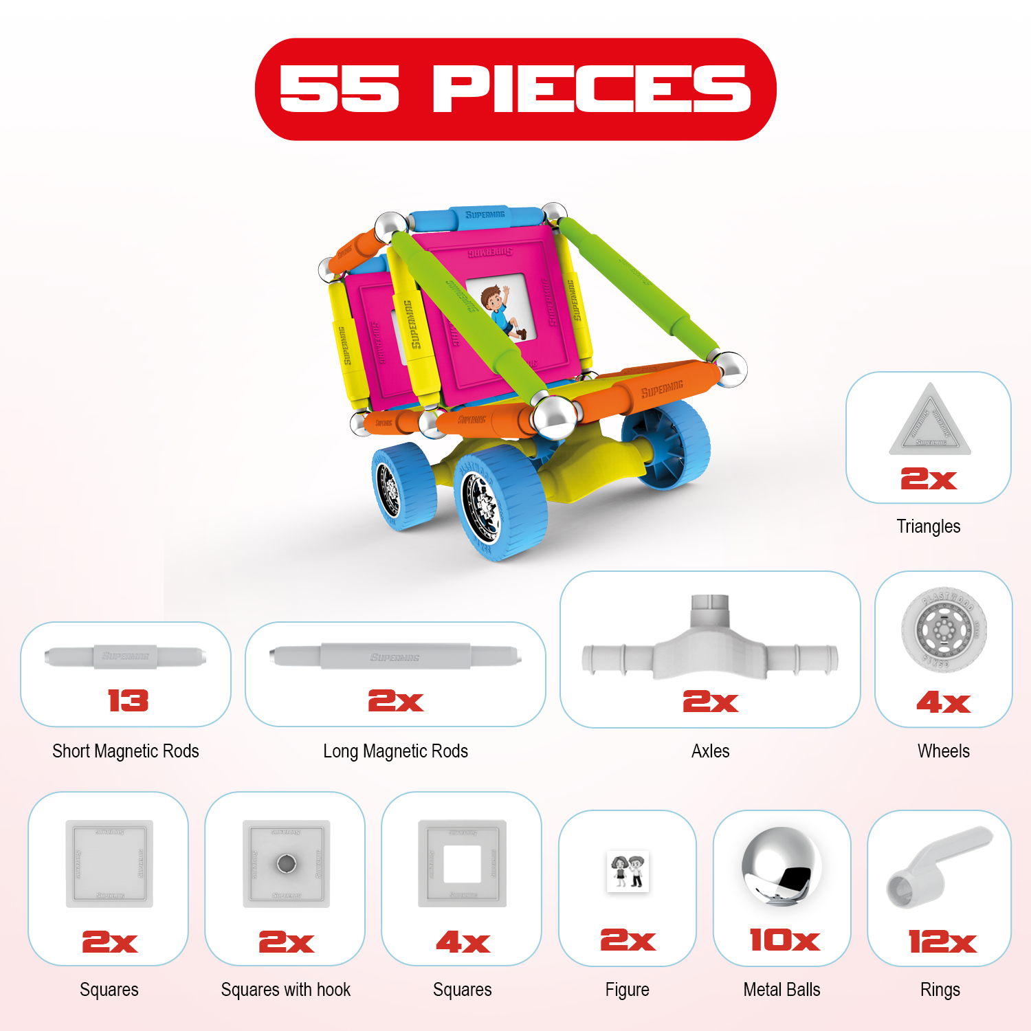 Tinamiri Supermag - Wheels 55 - Magnetic Building Set, Educational construction fun, 55 piece set, Magnet Toys, 0661 Bridge Toys - Premium Jigsaw Puzzles