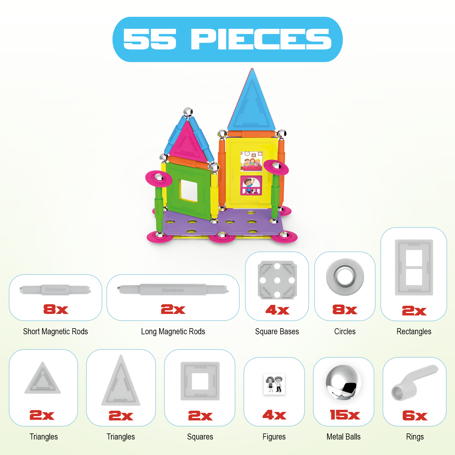 Tinamiri Supermag - House 55 - Magnetic Building Set, Educational construction fun, 55 piece set, Magnet Toys, 0663 Bridge Toys - Premium Jigsaw Puzzles
