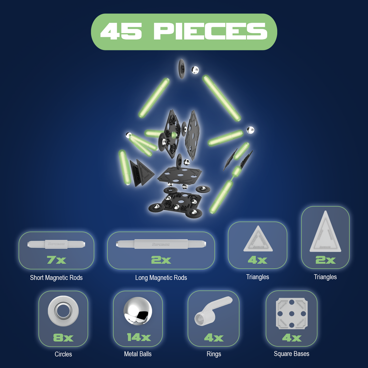 Tinamiri Supermag - Glow 45 - Magnetic Building Set, Educational construction fun, 45 piece set, Magnet Toys, 0666 Bridge Toys - Premium Jigsaw Puzzles