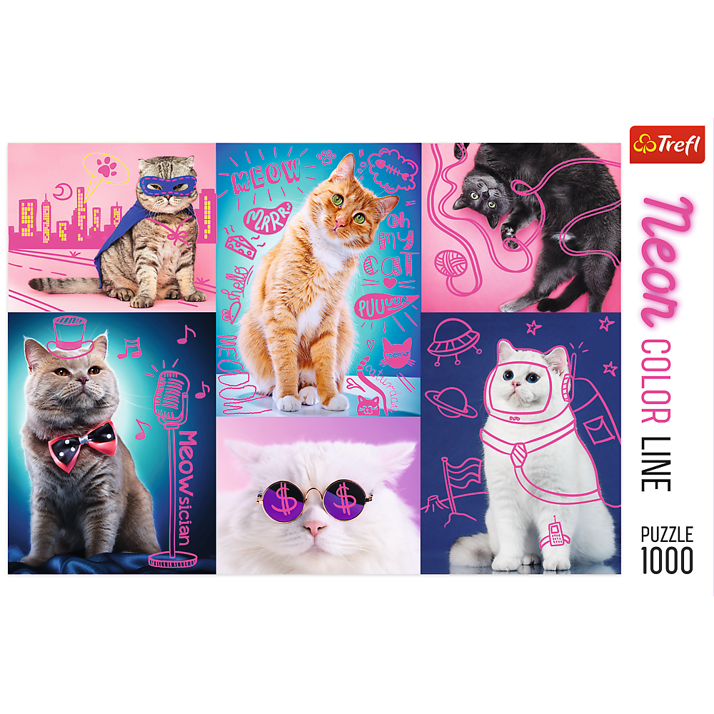 1000 Piece Jigsaw Puzzles, Super Cats, Neon Line, Adult Puzzles, Trefl 10581 Bridge Toys - Premium Jigsaw Puzzles