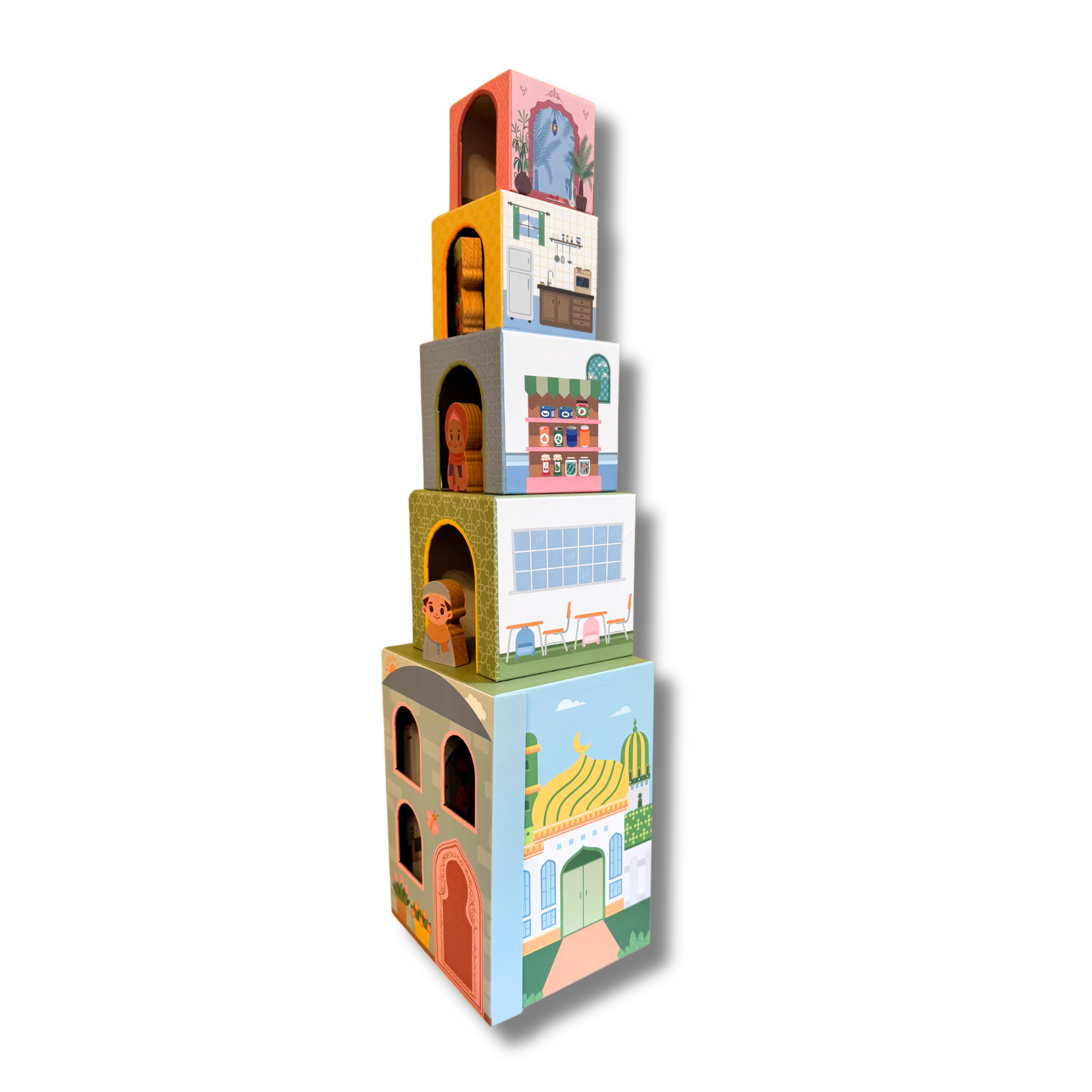Puzzle Planet Stacking Houses: Masjid, Home, School, Garden & Store with Wooden Figures - Educational Toy