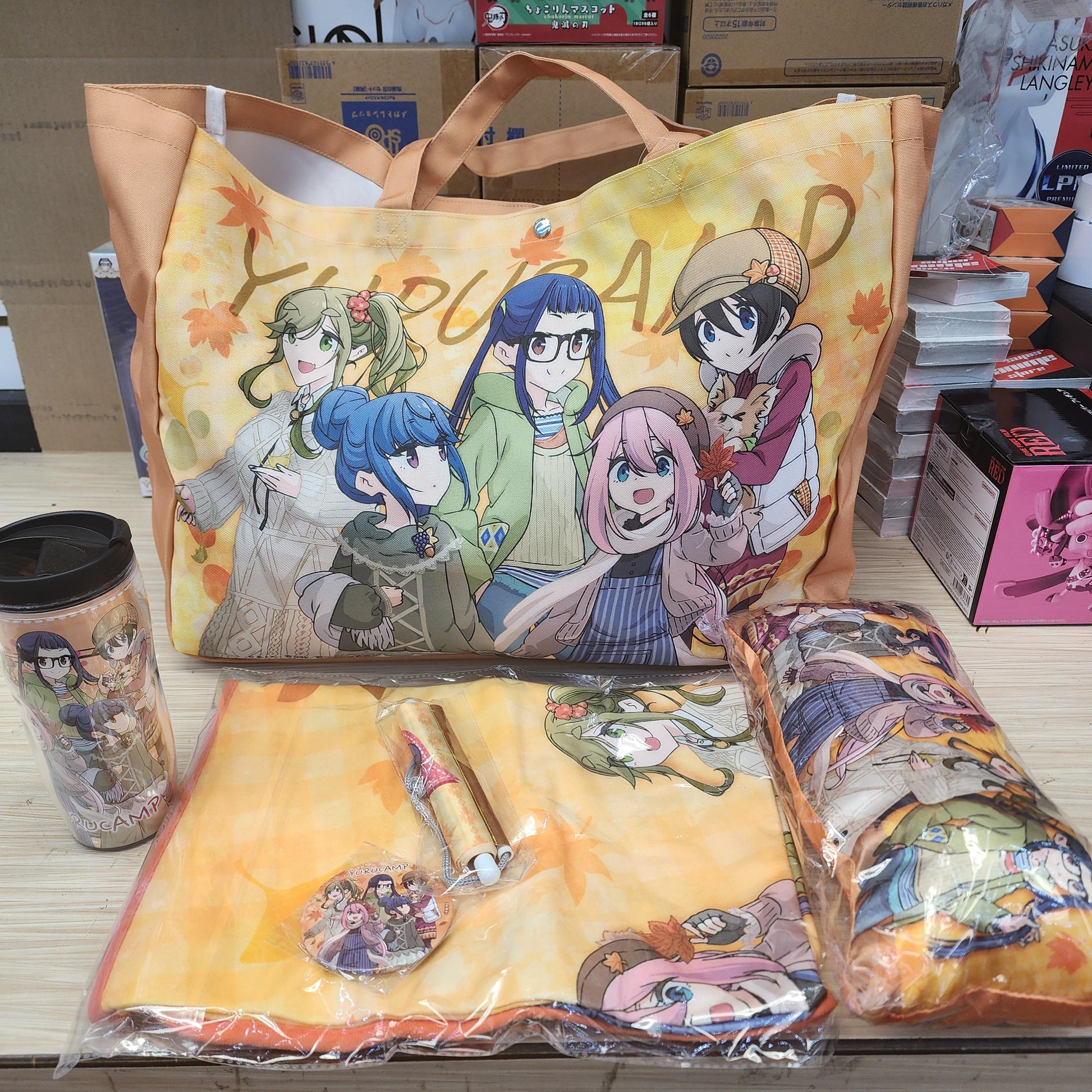 Laid Back Camp Goodie Bag Includes 1 Tumbler, 1 Small Pillow, 1 Button, 1 Small Wallscroll, 1 Blanket Super Anime Store