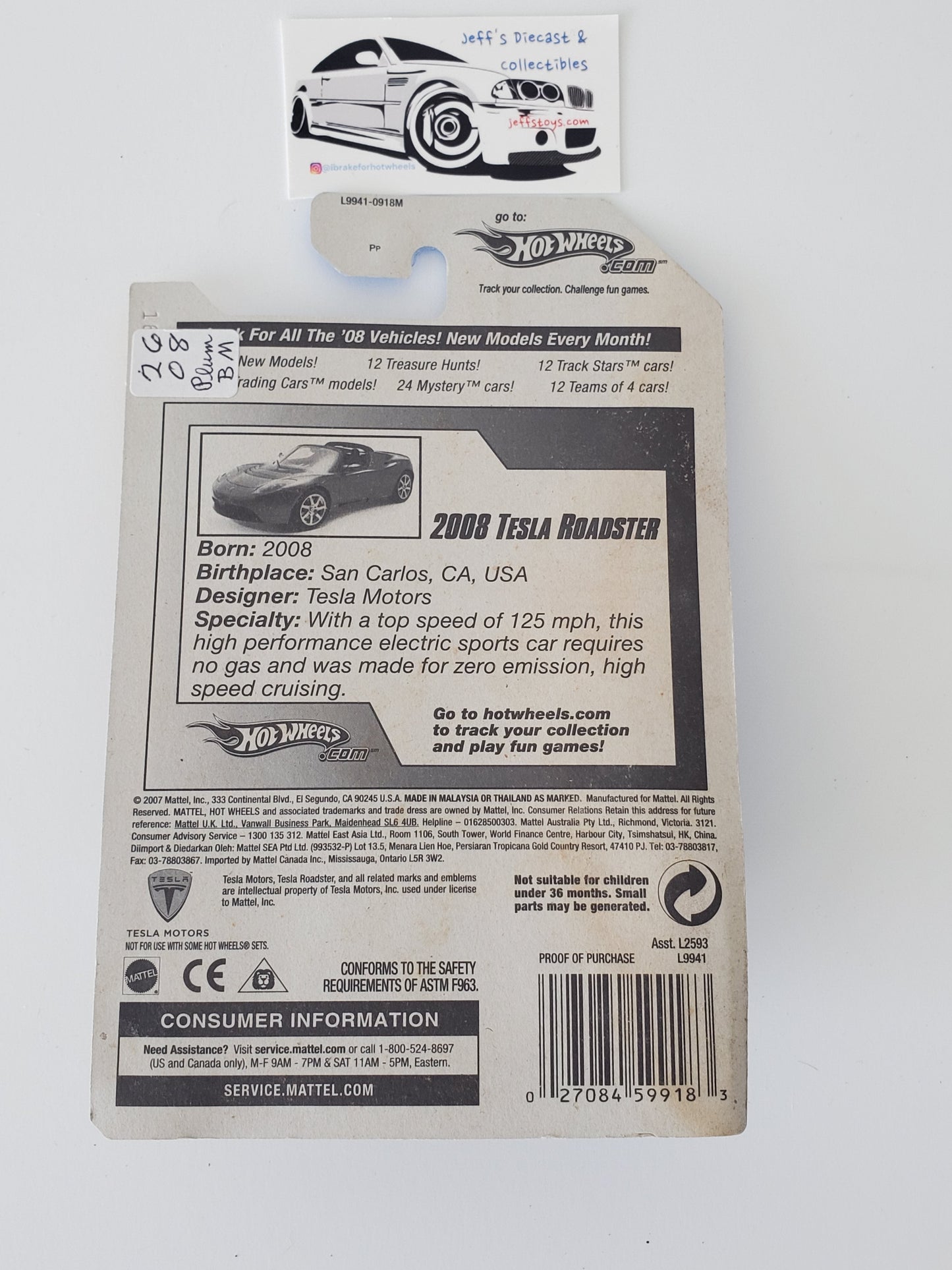 2008 Hot Wheels Tesla Roadster #026 Red Jeff's Diecast & Collectibles