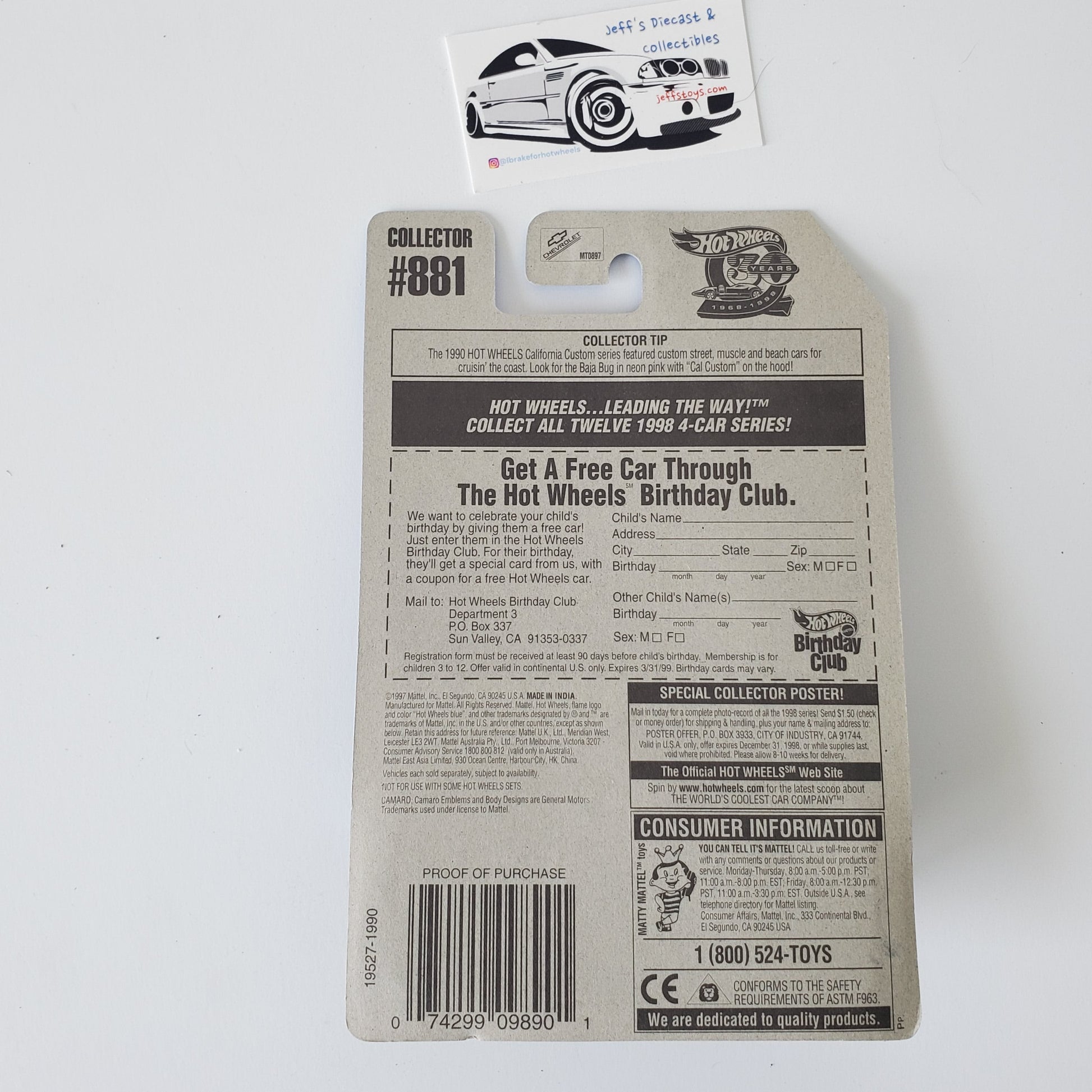 1998 Hot Wheels '95 Camaro #881 **Damaged Bubble Jeff's Diecast & Collectibles