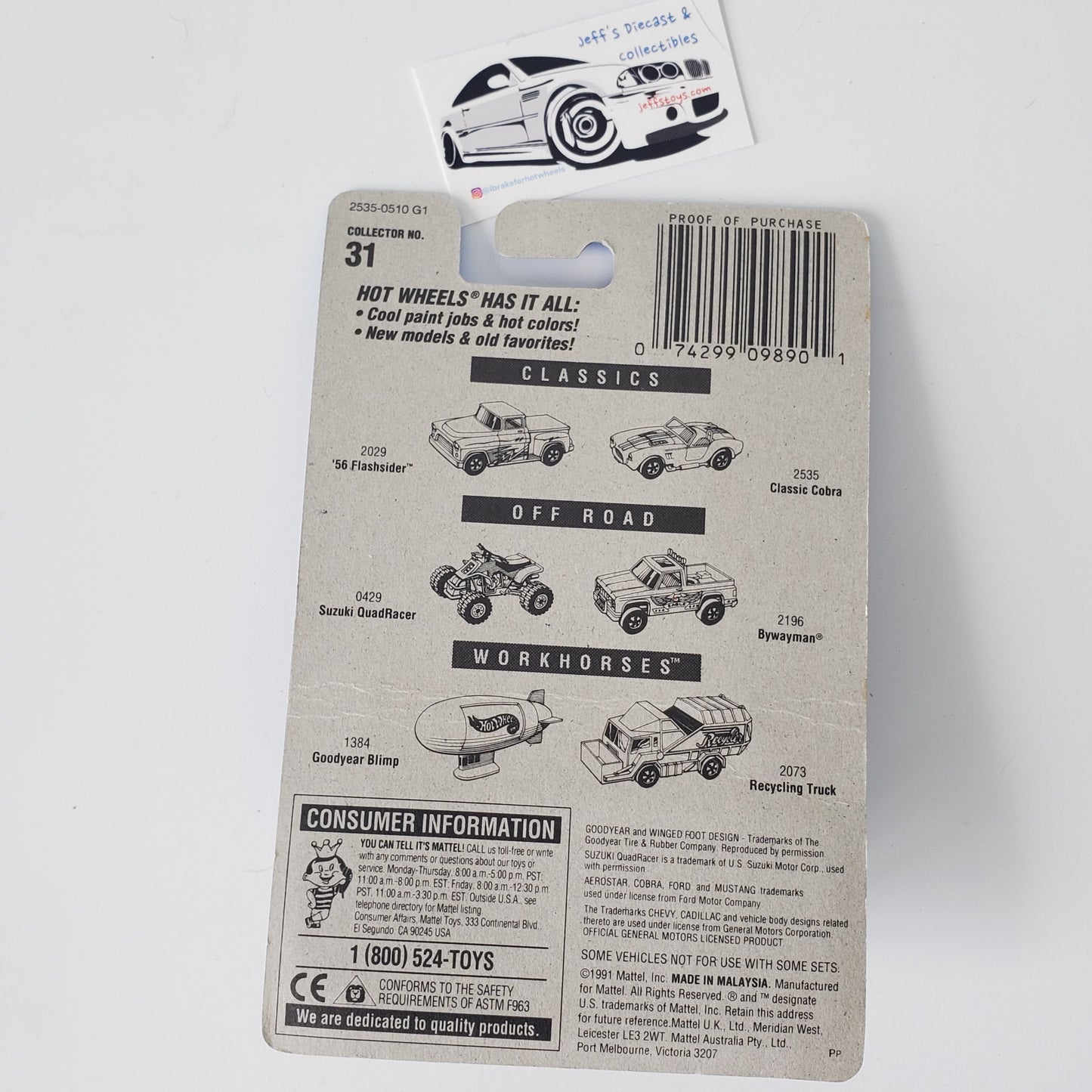 1991 Hot Wheels Classic Cobra #31 Damaged Card Jeff's Diecast & Collectibles