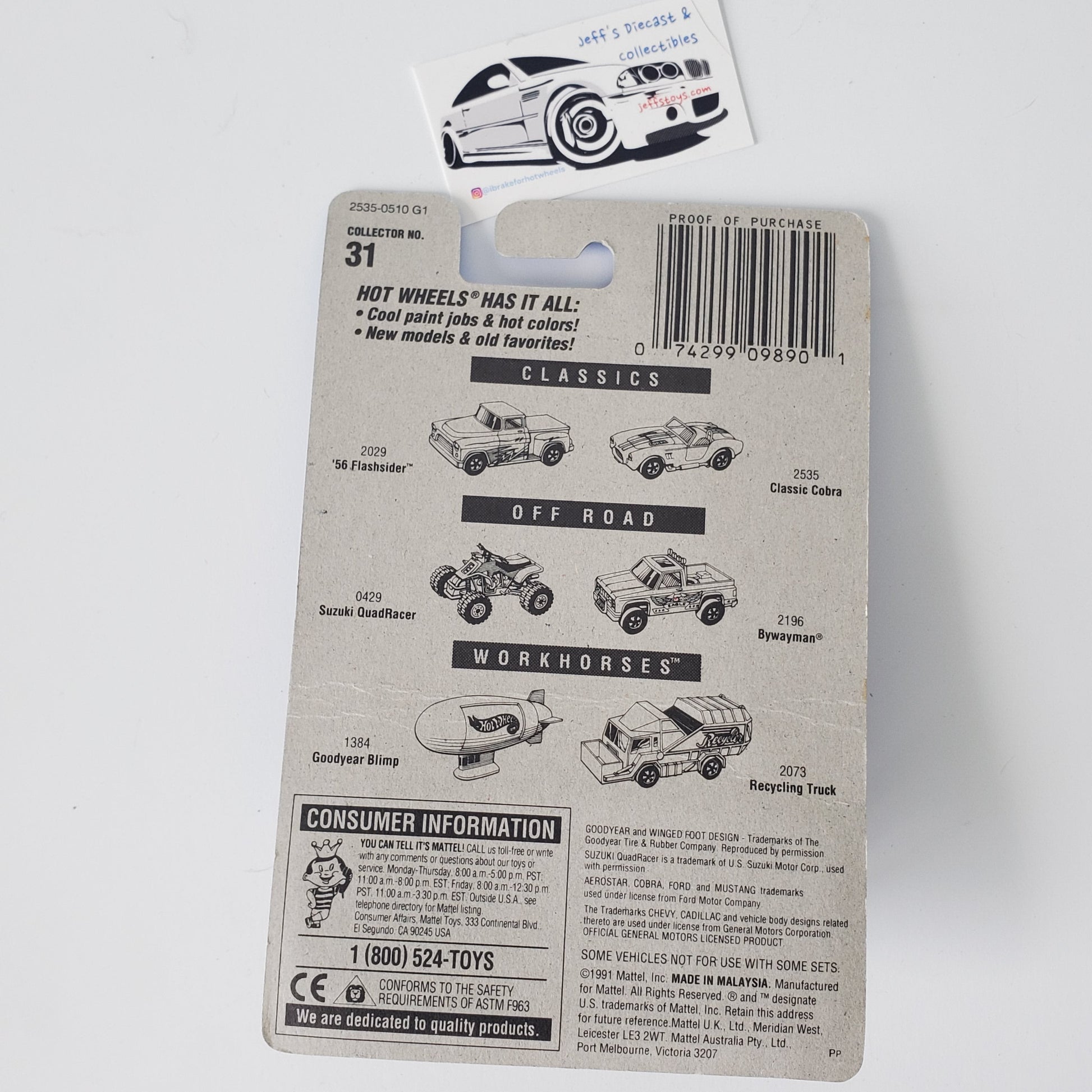 1991 Hot Wheels Classic Cobra #31 Damaged Card Jeff's Diecast & Collectibles