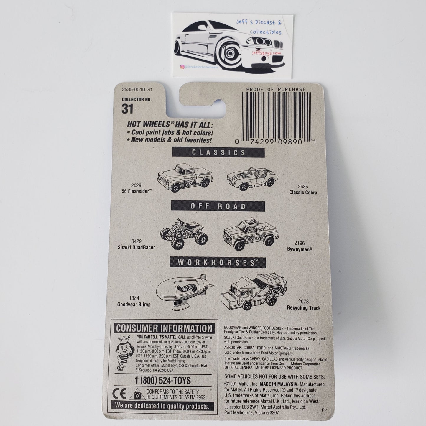 1991 Hot Wheels Classic Cobra #31 Jeff's Diecast & Collectibles