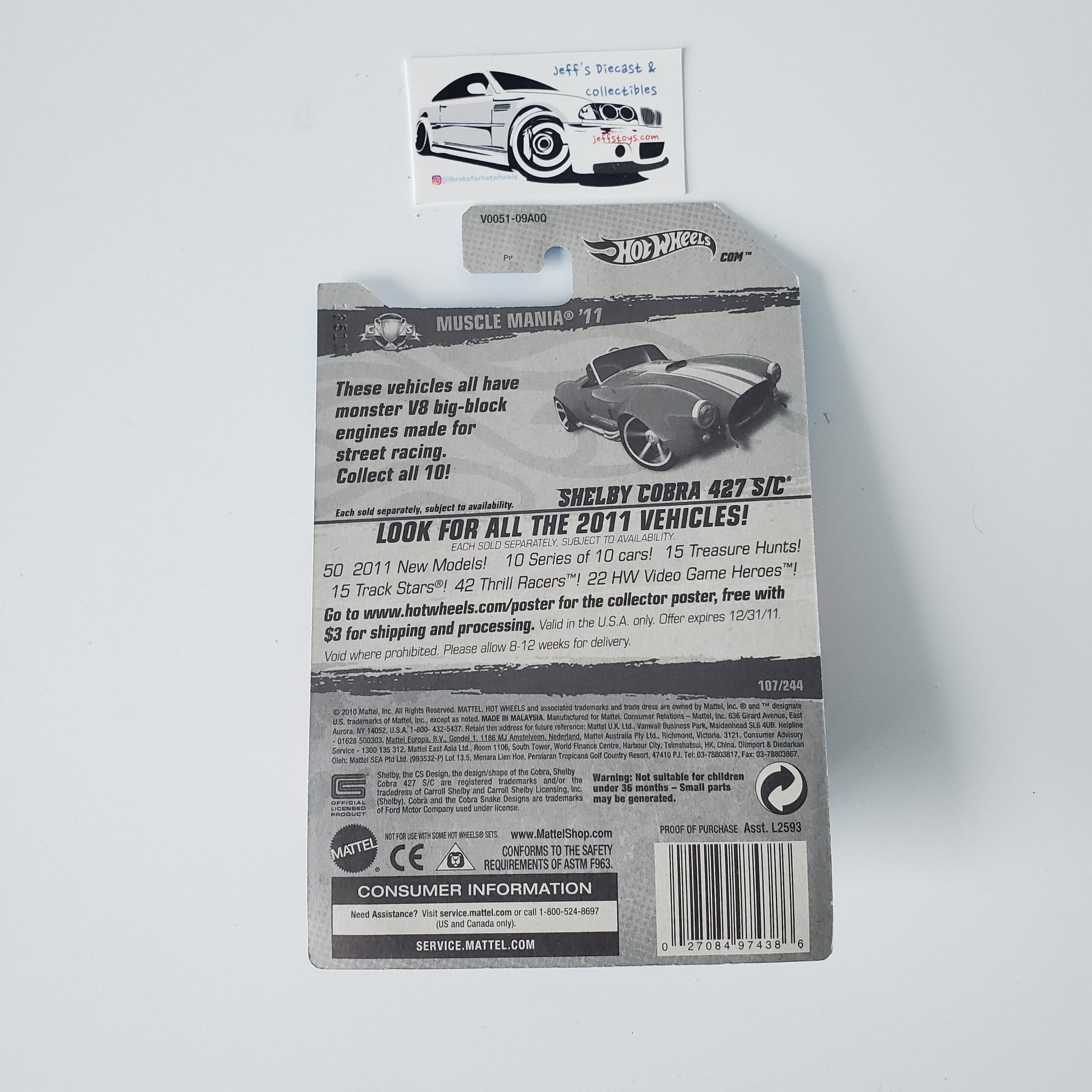 2011 Hot Wheels Shelby Cobra 427 S/C #107 **Red Windshield Variation Jeff's Diecast & Collectibles