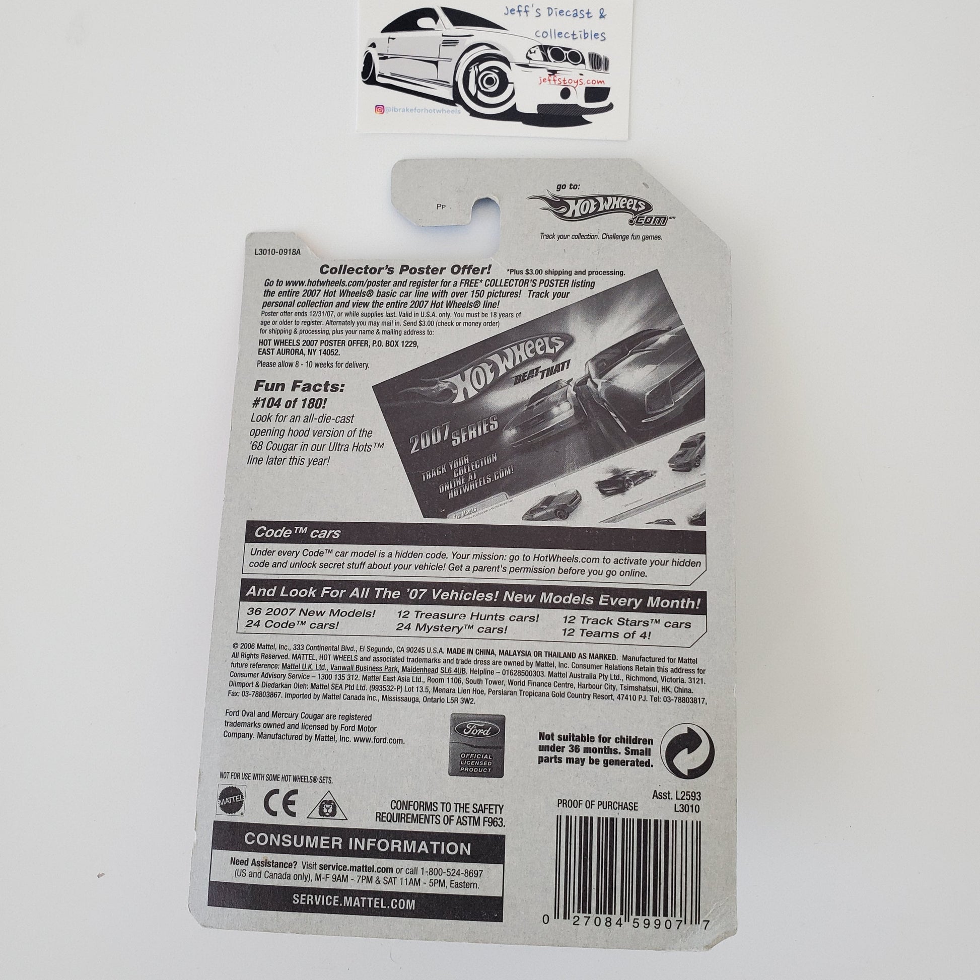 2007 Hot Wheels 1968 Mercury Cougar Code Car #104 Jeff's Diecast & Collectibles
