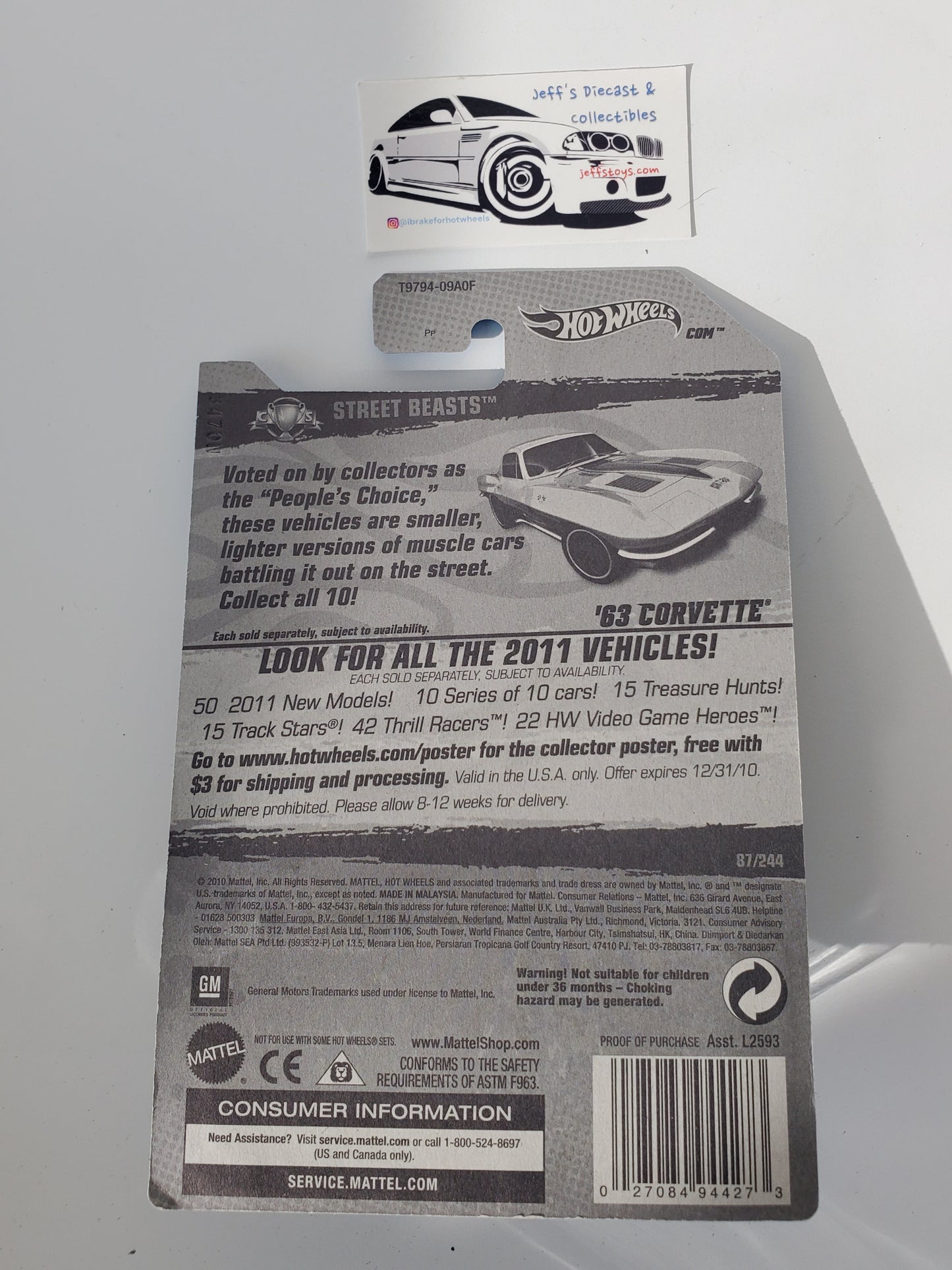 2011 Hot Wheels '63 Corvette #87 Yellow Jeff's Diecast & Collectibles
