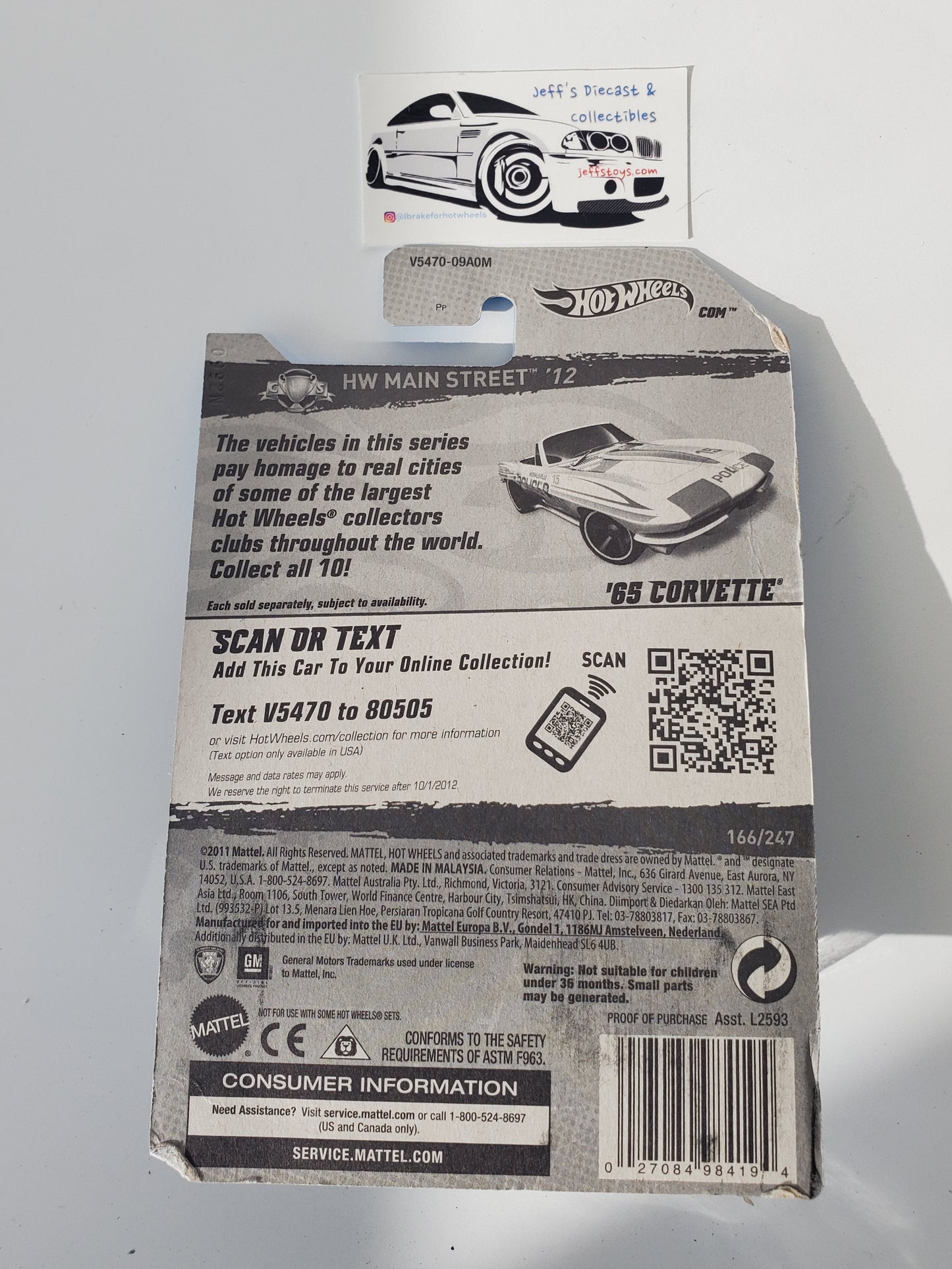 2012 Hot Wheels '65 Corvette #166 Police Jeff's Diecast & Collectibles
