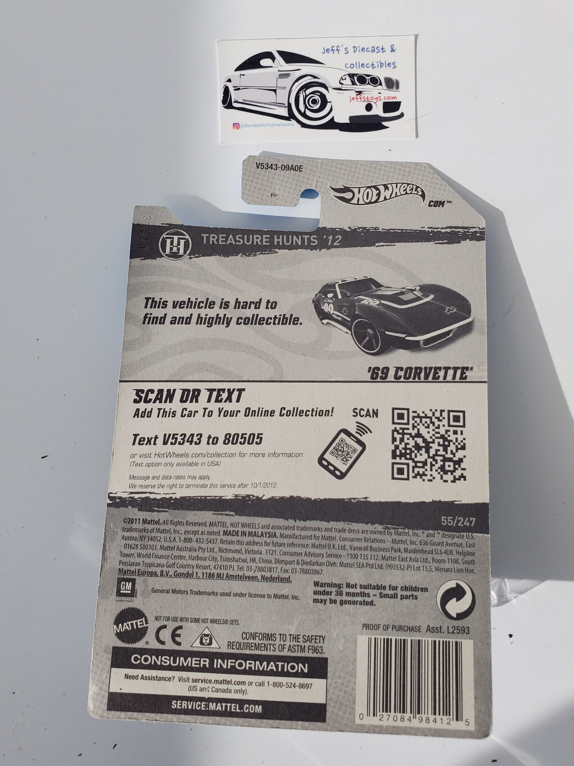 2012 Hot Wheels '69 Corvette #55 Treasure Hunt Jeff's Diecast & Collectibles