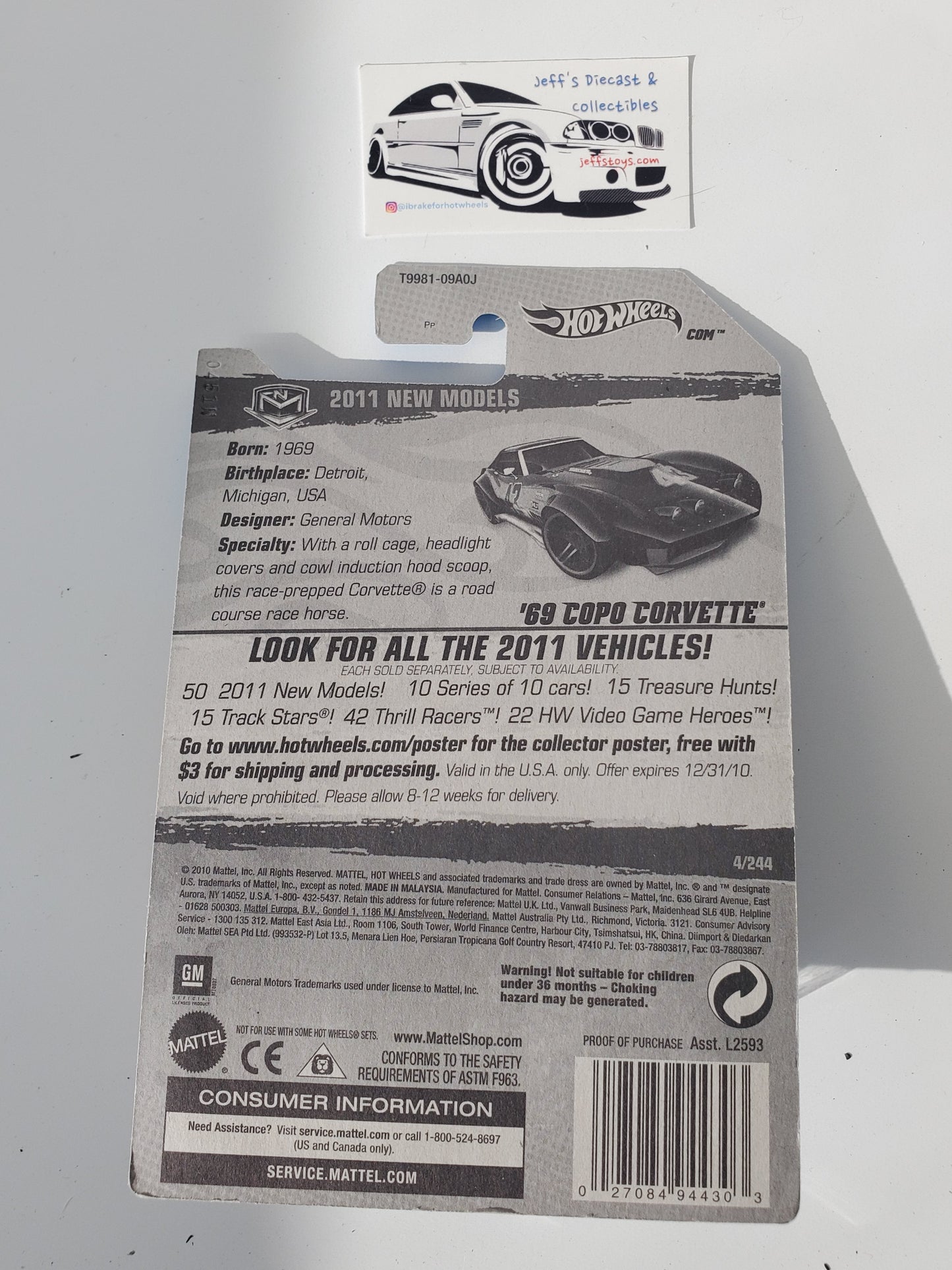 2011 Hot Wheels '69 Copo Corvette #4 Black Jeff's Diecast & Collectibles