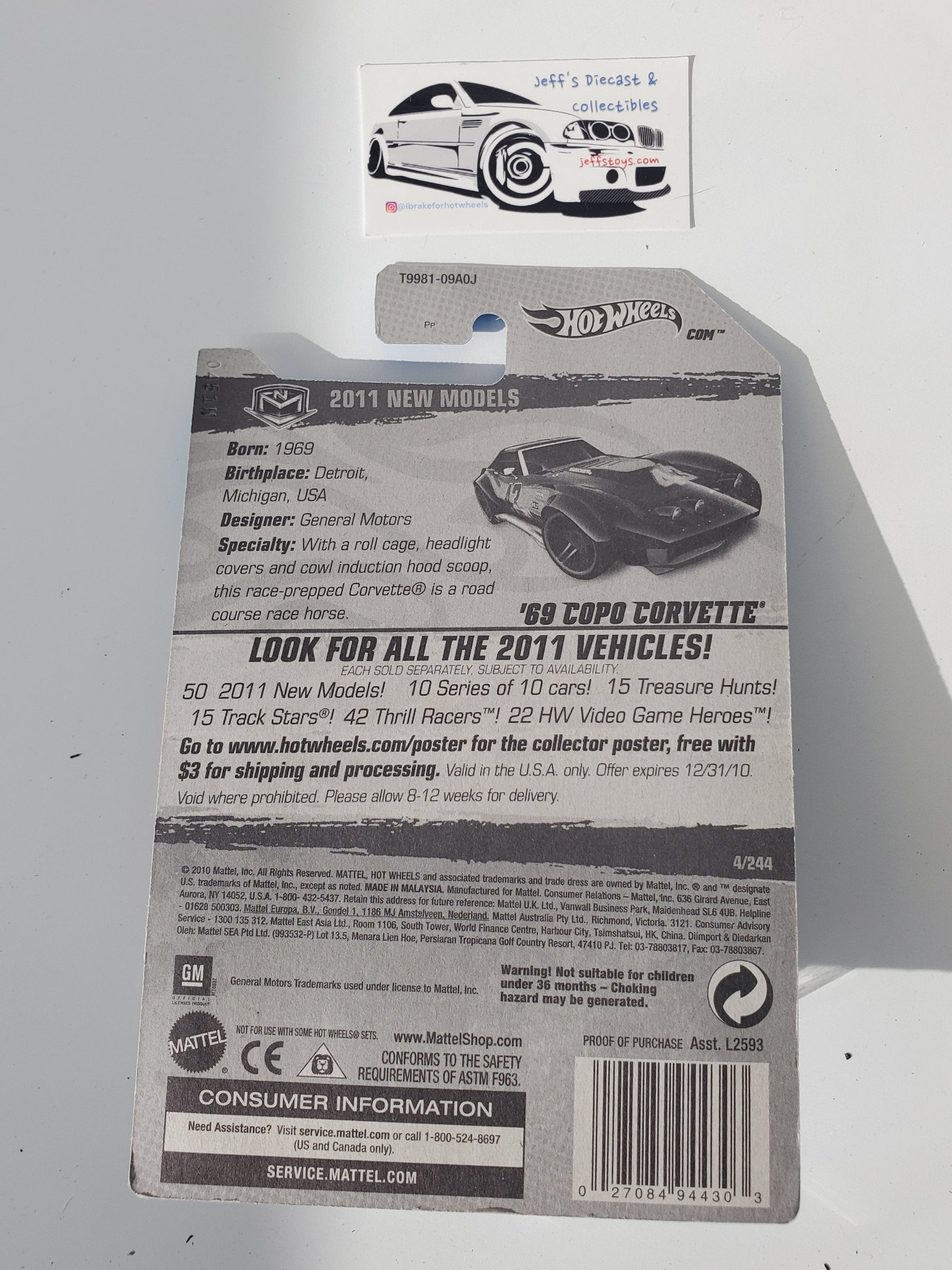 2011 Hot Wheels '69 Copo Corvette #4 Black Jeff's Diecast & Collectibles