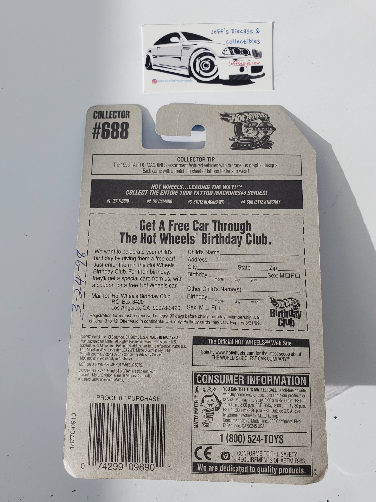 1998 Hot Wheels Corvette Stingray #688 Tattoo Machines Jeff's Diecast & Collectibles