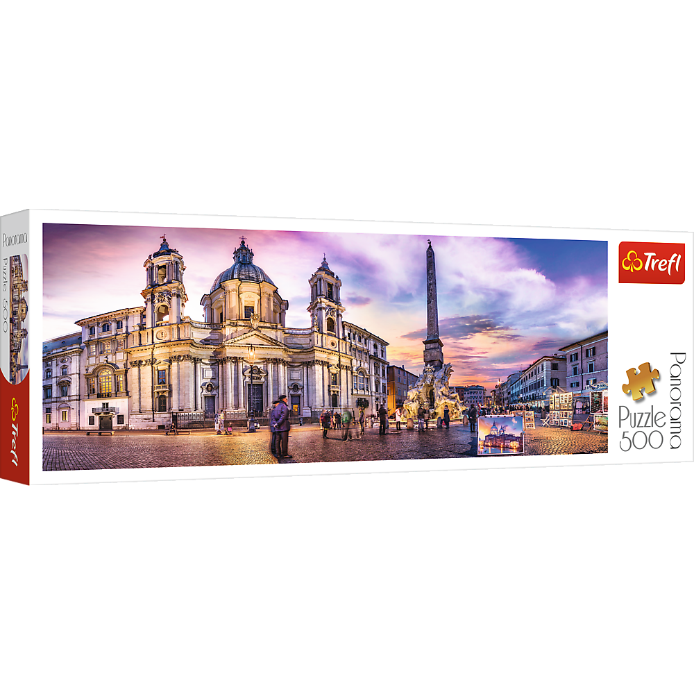 Panorama 500 Piece Jigsaw Puzzle, Piazza Navona, Rome, Italy, Fountain of the Four Rivers, European Cities Puzzle, Adult Puzzles, Trefl 29501 Bridge Toys - Premium Jigsaw Puzzles