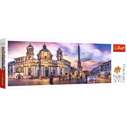 Panorama 500 Piece Jigsaw Puzzle, Piazza Navona, Rome, Italy, Fountain of the Four Rivers, European Cities Puzzle, Adult Puzzles, Trefl 29501 Bridge Toys - Premium Jigsaw Puzzles