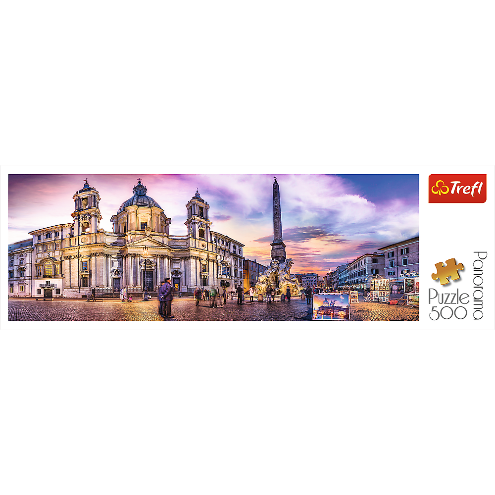 Panorama 500 Piece Jigsaw Puzzle, Piazza Navona, Rome, Italy, Fountain of the Four Rivers, European Cities Puzzle, Adult Puzzles, Trefl 29501 Bridge Toys - Premium Jigsaw Puzzles