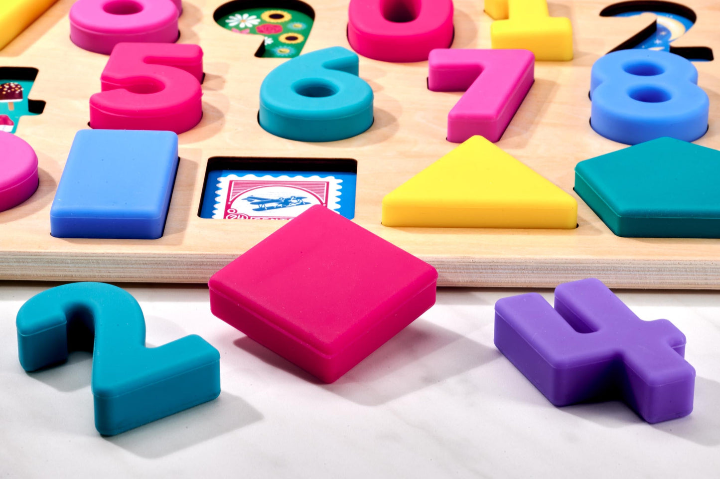 Number & Shape Puzzle for Toddlers: Wooden Educational Toy with Silicone Pieces
