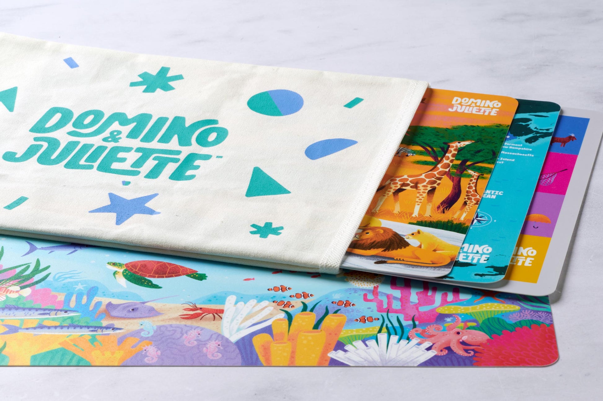 Domino & Juliette Travel Placemats 4-Pack: Educational Kids Mats - Safari, Under the Sea, USA Map, Alphabet.