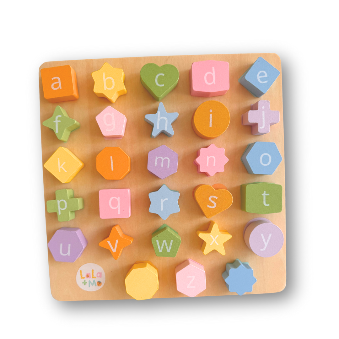 Alphabet Puzzle Board: Colorful shapes with letters for kids learning, early development educational wooden toy.