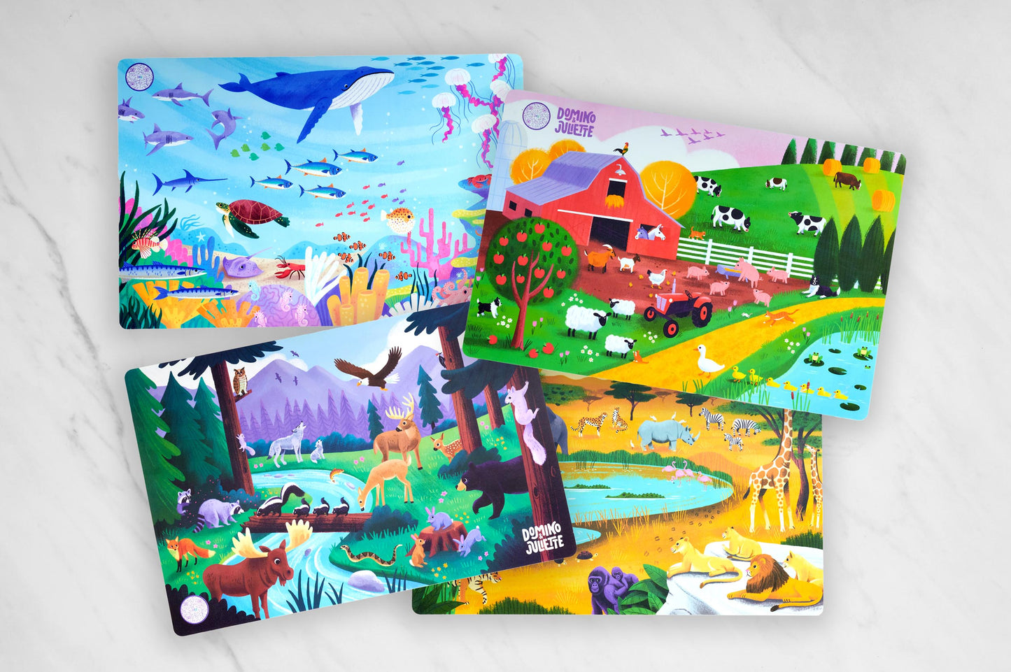 Puzzle Planet: 4 Placemats for Kids - Farm, Sea, Safari, Woods Animals. Domiko Juliette Educational Toys
