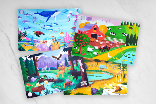 Puzzle Planet: 4 Placemats for Kids - Farm, Sea, Safari, Woods Animals. Domiko Juliette Educational Toys