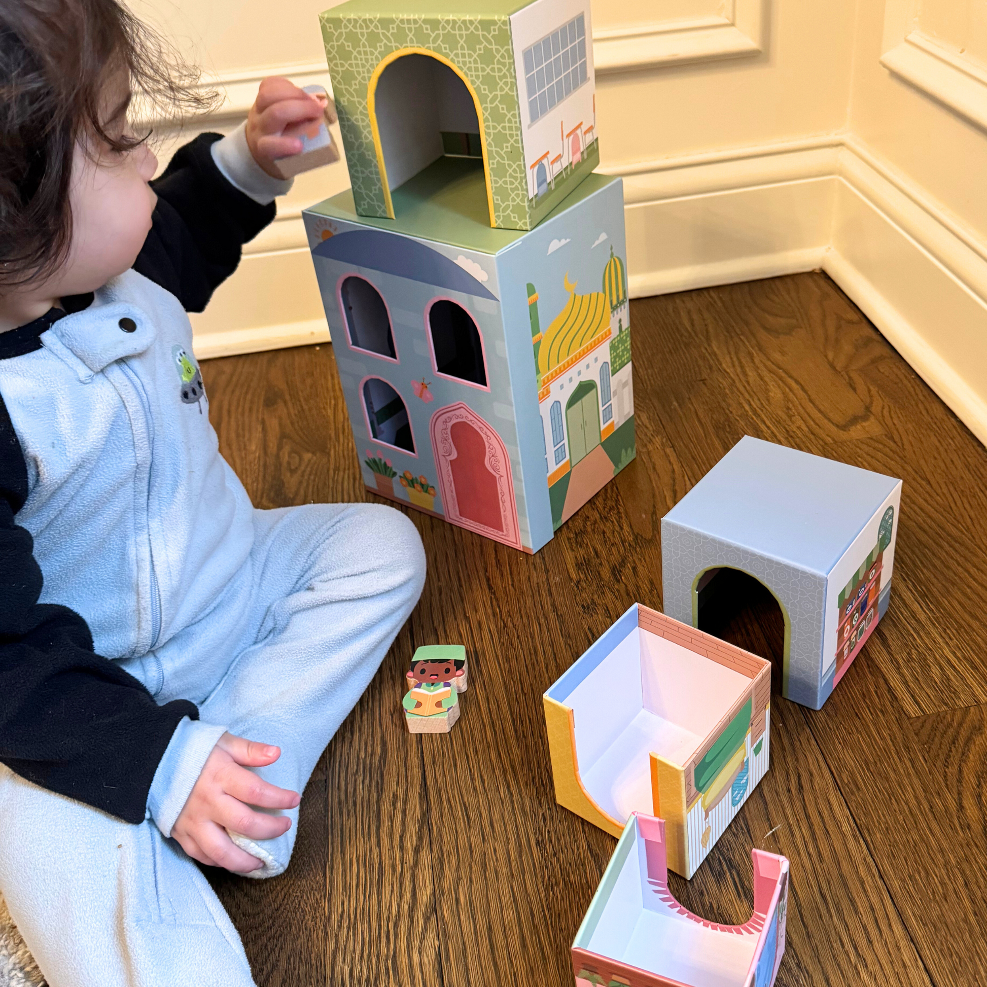 Puzzle Planet Stacking Houses Toy: Kid Playing with Masjid, Home, School, Garden & Store Building Blocks, Muslim Toy, Playtime Fun