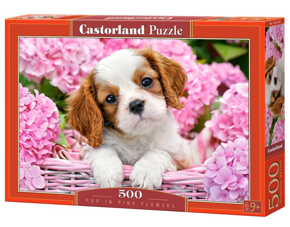 500 Piece Jigsaw Puzzle, Pup in Pink Flowers, Animal puzzle, Dog puzzle; Puppies, Cute dog, Adult Puzzles, Castorland B-52233 Bridge Toys - Premium Jigsaw Puzzles