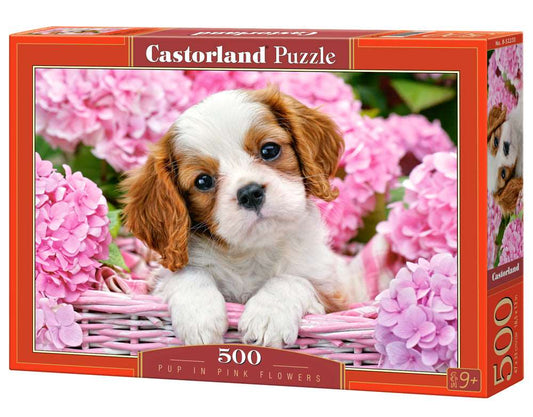 500 Piece Jigsaw Puzzle, Pup in Pink Flowers, Animal puzzle, Dog puzzle; Puppies, Cute dog, Adult Puzzles, Castorland B-52233 Bridge Toys - Premium Jigsaw Puzzles