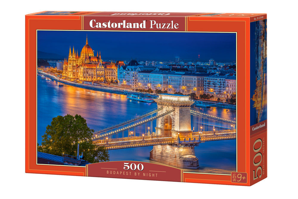 500 Piece Jigsaw Puzzle, Budapest by Night, Hungary, Riverside, City at night, Adult Puzzle, Castorland B-53940 Bridge Toys - Premium Jigsaw Puzzles