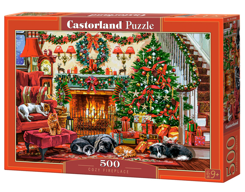 500 Piece Jigsaw Puzzle, Cozy Fireplace, Christmas living room, Decorated tree, Fireplace and sleeping dogs, Festive holiday art., Adult Puzzle, Castorland B-54060 Bridge Toys - Premium Jigsaw Puzzles