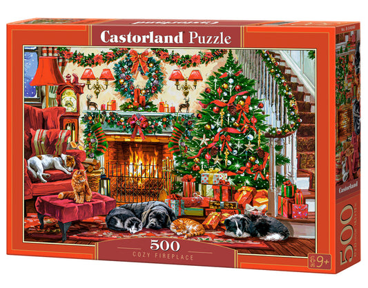 500 Piece Jigsaw Puzzle, Cozy Fireplace, Christmas living room, Decorated tree, Fireplace and sleeping dogs, Festive holiday art., Adult Puzzle, Castorland B-54060 Bridge Toys - Premium Jigsaw Puzzles