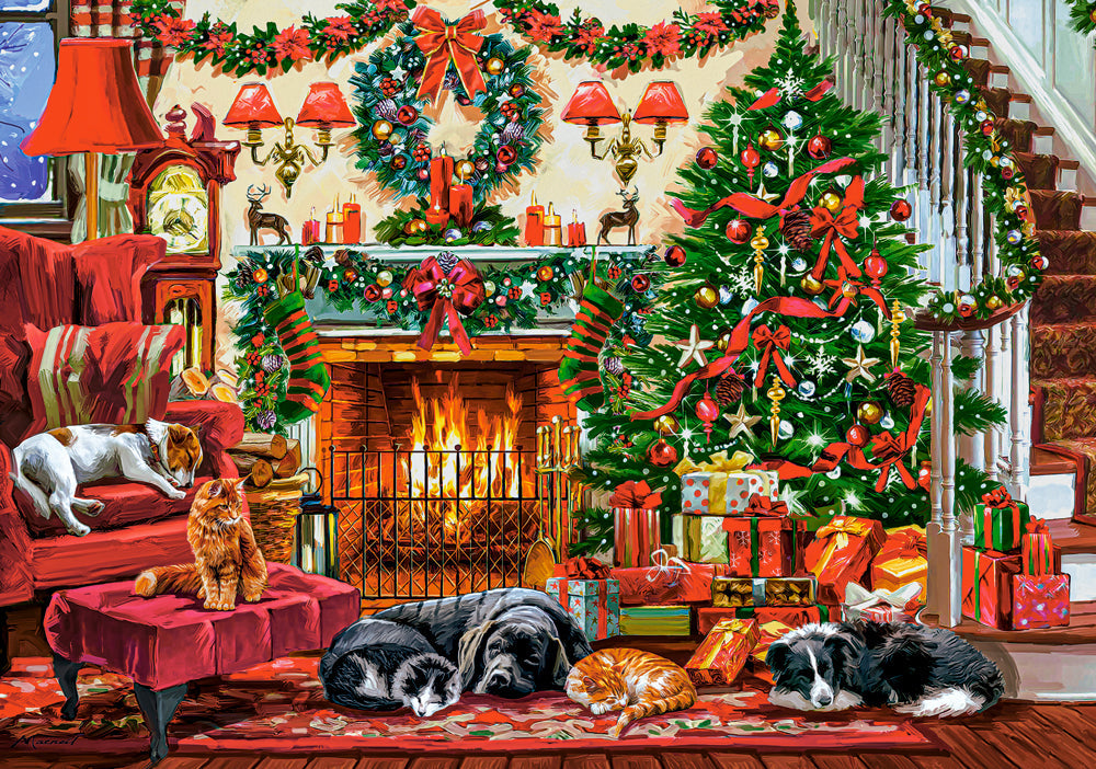 500 Piece Jigsaw Puzzle, Cozy Fireplace, Christmas living room, Decorated tree, Fireplace and sleeping dogs, Festive holiday art., Adult Puzzle, Castorland B-54060 Bridge Toys - Premium Jigsaw Puzzles