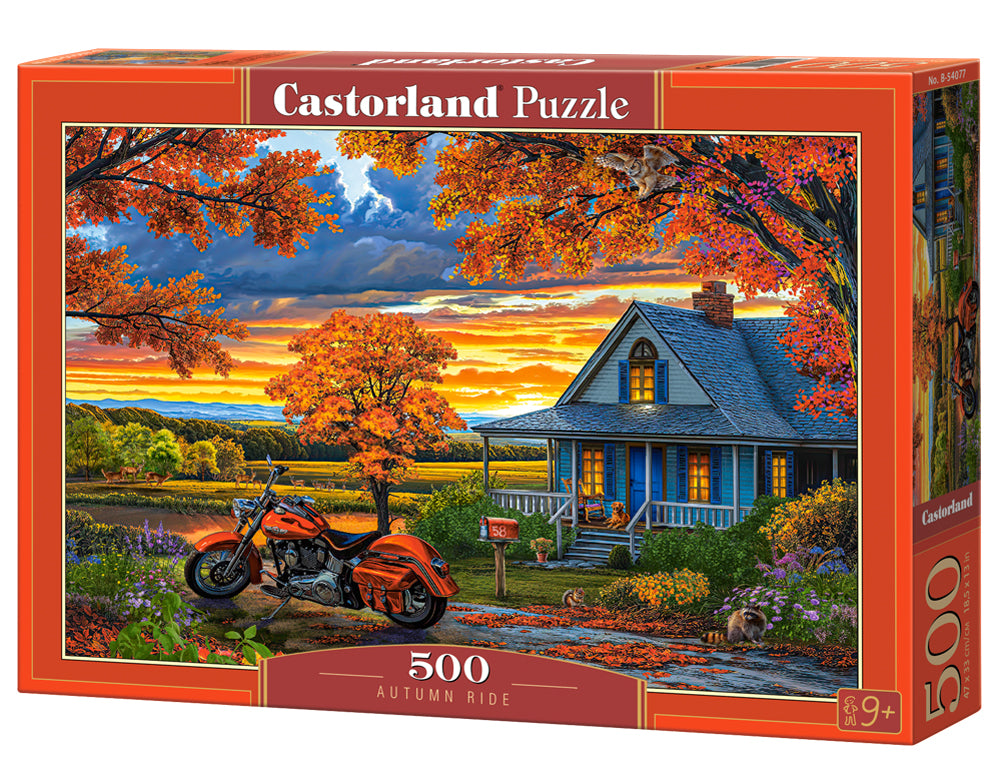 500 Piece Jigsaw Puzzle, Autumn Ride, Motorcycle and a sky ablaze with sunset colors, Classic America, Adult Puzzle, Castorland B-54077 Bridge Toys - Premium Jigsaw Puzzles