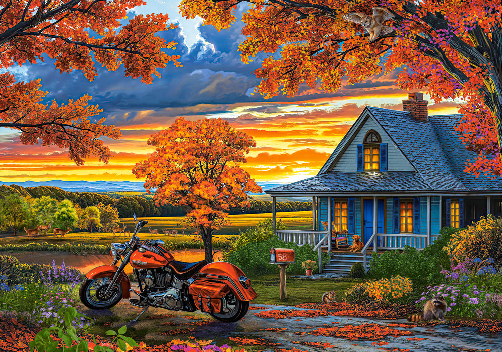 500 Piece Jigsaw Puzzle, Autumn Ride, Motorcycle and a sky ablaze with sunset colors, Classic America, Adult Puzzle, Castorland B-54077 Bridge Toys - Premium Jigsaw Puzzles