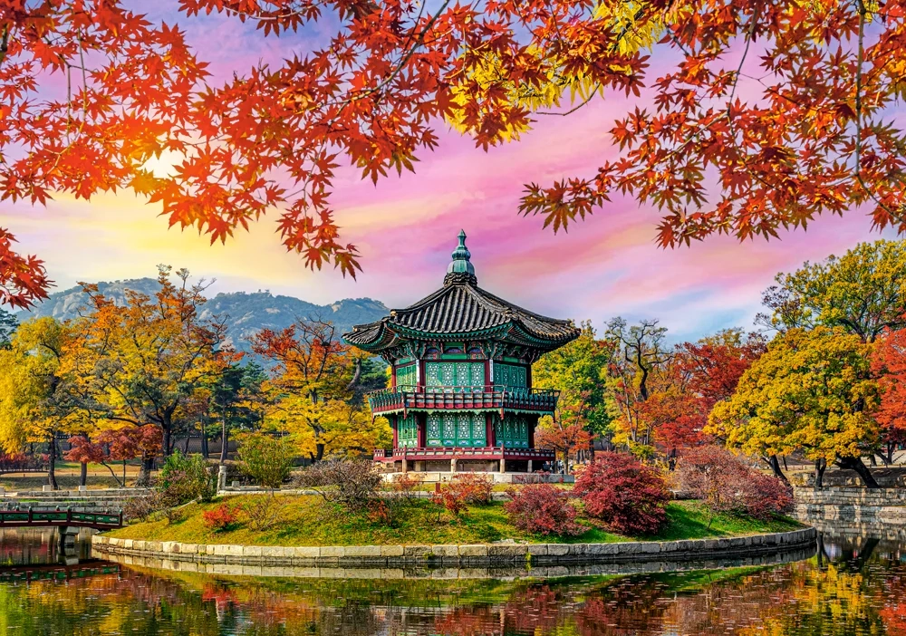500 Piece Jigsaw Puzzle, Gyeongbokgung Palace, Seoul, South Korea, Autumn Leaves, Fall Scenery, Colorful, Reflection, Adult Puzzle, Castorland B-54138 Bridge Toys - Premium Jigsaw Puzzles
