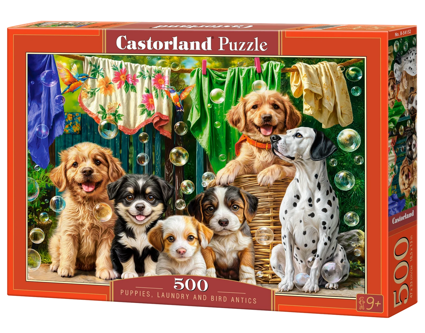 500 Piece Jigsaw Puzzle, Puppies, Laundry and Bird Antics, Puppies, Dogs, Golden Retriever, Dalmatian, Bubbles, Animal jigsaw, Adult Puzzle, Castorland B-54152 Bridge Toys - Premium Jigsaw Puzzles