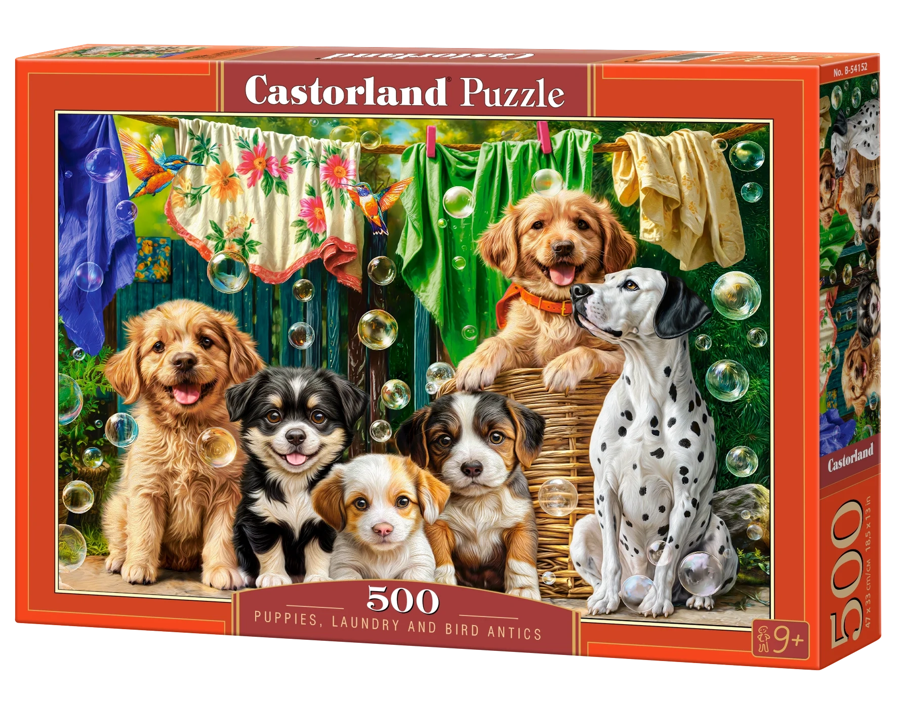 500 Piece Jigsaw Puzzle, Puppies, Laundry and Bird Antics, Puppies, Dogs, Golden Retriever, Dalmatian, Bubbles, Animal jigsaw, Adult Puzzle, Castorland B-54152 Bridge Toys - Premium Jigsaw Puzzles