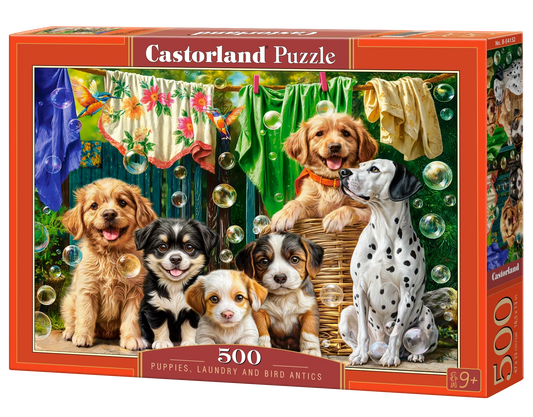500 Piece Jigsaw Puzzle, Puppies, Laundry and Bird Antics, Puppies, Dogs, Golden Retriever, Dalmatian, Bubbles, Animal jigsaw, Adult Puzzle, Castorland B-54152 Bridge Toys - Premium Jigsaw Puzzles