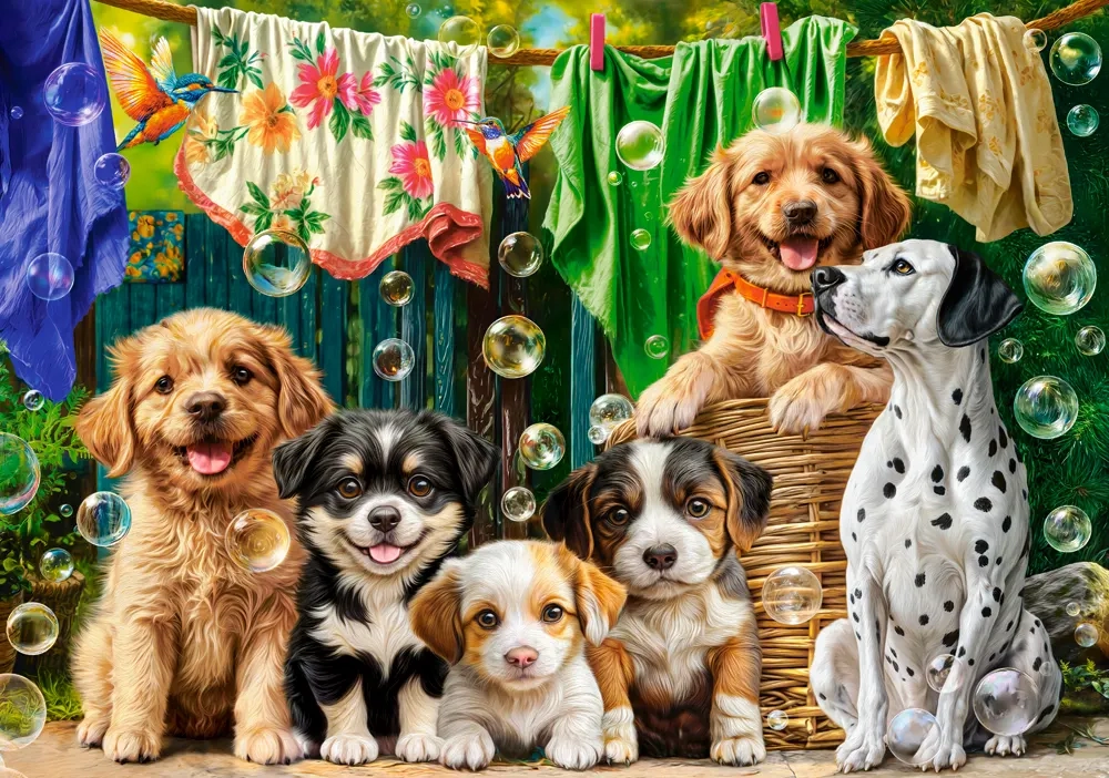 500 Piece Jigsaw Puzzle, Puppies, Laundry and Bird Antics, Puppies, Dogs, Golden Retriever, Dalmatian, Bubbles, Animal jigsaw, Adult Puzzle, Castorland B-54152 Bridge Toys - Premium Jigsaw Puzzles