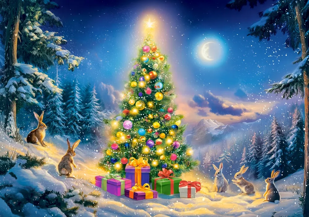 500 Piece Jigsaw Puzzle, Christmas Eve, Glowing Christmas Tree & Bunnies in Snow, Cozy Holiday Vibes, Adult Puzzle, Castorland B-54244 Bridge Toys - Premium Jigsaw Puzzles