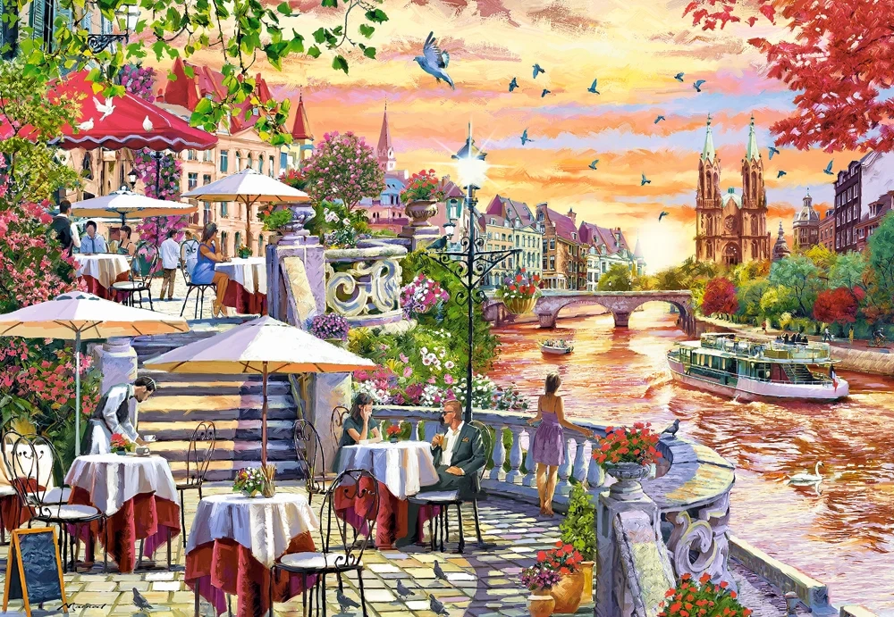 1000 Piece Jigsaw Puzzle, Romantic City Sunset, charming riverside terrace, painterly landscape, Adult Puzzle, Castorland C-104956-2 Bridge Toys - Premium Jigsaw Puzzles
