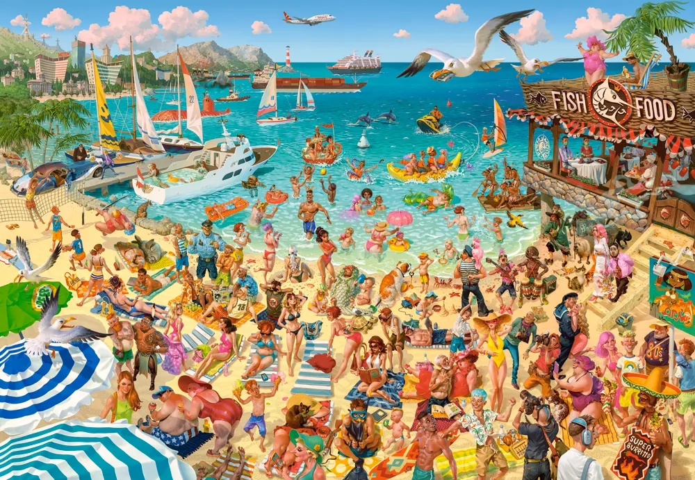 1000 Piece Jigsaw Puzzle, Fun by the Sea, Art Collection, Tropical Beach Resort Chaos, Humorous Summer Vacation Scene, Adult Puzzle, Castorland C-105151-2 Bridge Toys - Premium Jigsaw Puzzles